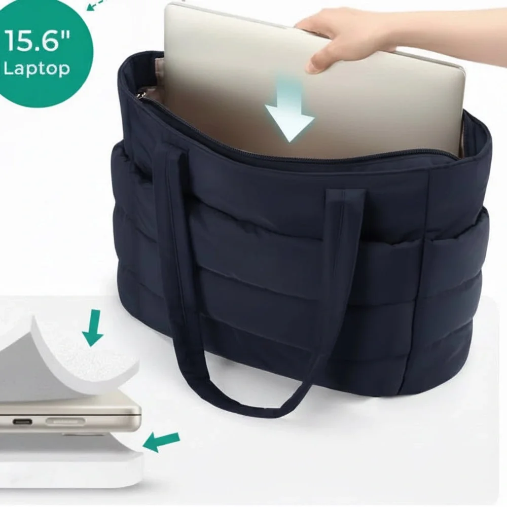 Elegant Navy Quilted Laptop Tote Bag